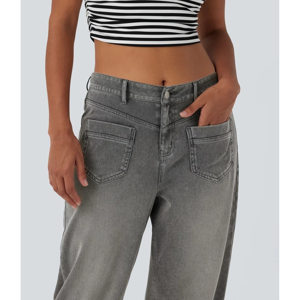 New Halara Flex Mid Rise Straight Leg Casual Jeans Pockets Gray Large Soft Denim - Picture 4 of 16